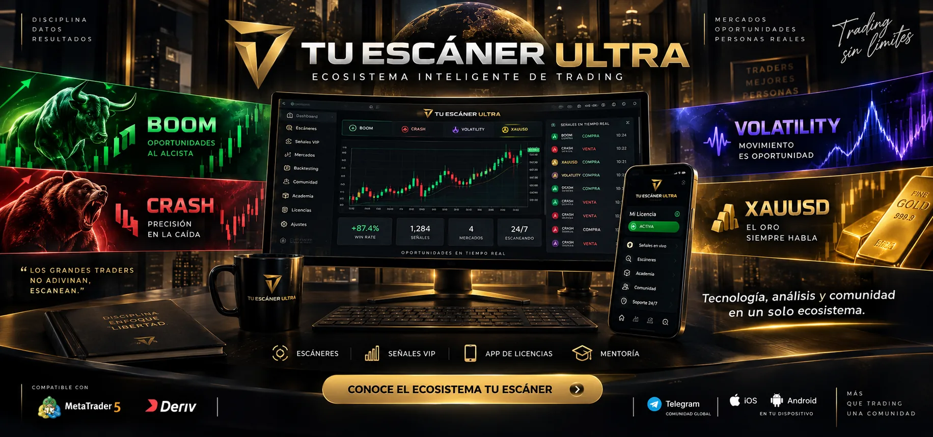 Portada del ecosistema TU ESCÁNER con Boom, Crash, Volatility y XAUUSD