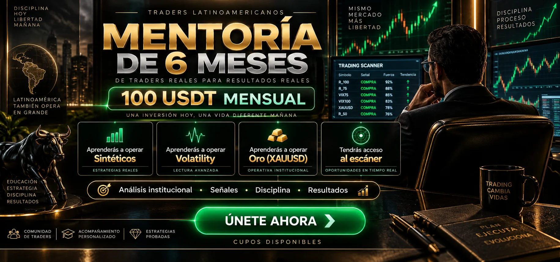 Mentoría de trading de seis meses por 100 USDT mensual